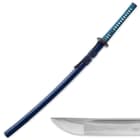 The glossy blue katana has a black and blue hanging cord and is shown alongside a detailed view of the blade point. 