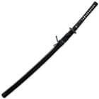 The hardwood scabbard has a piano paint finish and black hanging cord, complimenting the black cord wrapped handle. 