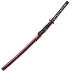 The katana measures 39 3/4" and is housed inside a glossy hand-painted red scabbard. 