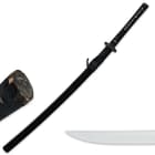 Katana shown inside black scabbard with black cord alongside detailed views of the floral pommel and katana blade point. 