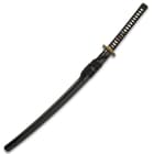 The 41” overall katana slides securely into a black lacquered wooden scabbard, which has a black cord-wrap accent