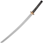 The katana has a keenly sharp, 27 9/10” Damascus steel blade, which extends from a polished brass blade collar