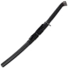 The scabbard is wooden with a semi-gloss black finish and features black faux leather wrapping and cotton cord
