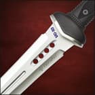 Honshu gladiator sword stored in a genuine black leather belt sheath with snap closure strap
