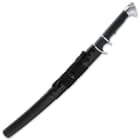 The 28 1/8” overall sub-hilt wakizashi can be stored and carried in a wooden scabbard with a semi-gloss, black finish