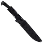 The 29 1/2” overall sword fits securely in a polypropylene scabbard, which has lashing slots and an adjustable shoulder strap