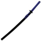 The black lacquered scabbard has a purple hanging cord that matches the purple cord wrapping the katana handle. 