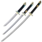 The katana has a 27 1/4” blade, is 37 3/4” overall; the wakizashi has a 20” blade, is 30” overall; and the tanto has a 11 3/4” blade, is 19 3/4” overall
