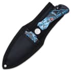 All three of the 7 3/4” overall throwing knives can be stored and carried in the included nylon belt sheath