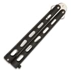 The butterfly knife has black die cast handles that latch closed with a black latch.