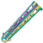 Rainbow Slotted Butterfly Knife - Stainless Steel Blade, Skeletonized Steel, Latch Lock, Steel Handle - Length 9”