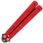 Red Dragon Butterfly Knife - Stainless Steel Blade, Molded Steel Handle, Latch Lock, Double Flippers - Length 9 1/4”