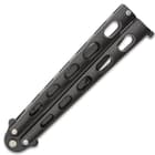 Black Slotted Butterfly Knife - Stainless Steel Blade, Skeletonized Steel, Latch Lock, Steel Handle - Length 9”