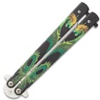 The black steel handles of this butterfly knife feature ornate green and yellow dragon artwork.