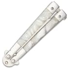 Classic Pearl Butterfly Knife - Stainless Steel Blade, Pearl Handle, Stainless Bolsters, Latch Lock, Double Flippers - Length 7 3/4”