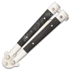 Classic Black Butterfly Knife - Stainless Steel Blade, ABS Handle, Stainless Bolsters, Latch Lock, Double Flippers - Length 7 3/4”