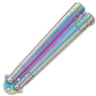 Rainbow Luminescence Balisong Knife - Butterfly, Stainless Steel Blade, Solid Stainless Handle, Latch Lock, Flipper - Length 9 1/4”