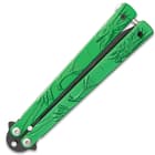 Green Dragon Butterfly Knife - Stainless Steel Blade, Molded Steel Handle, Latch Lock, Double Flippers - Length 9 1/4”
