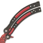 The black handles are of stainless steel with resin inserts that are red to match the blade
