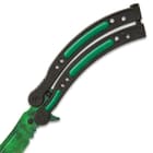 The black handles are of stainless steel with resin inserts that are emerald green to match the blade