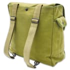 It has a heavy-duty, olive drab 100 percent cotton canvas construction with adjustable, nylon webbing shoulder straps