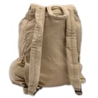 It has a khaki, 100 percent cotton canvas construction with adjustable padded, canvas and nylon webbing shoulder straps