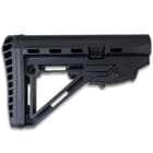 The AR stock features a low profile adjustment latch double-injected rubber buttpad and slick-sided profile