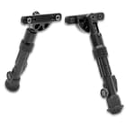 The bipod has an aircraft grade aluminum construction, finished in a matte black anodize, and it has rubberized foot pads