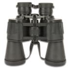 The 7 1/2”x 7 1/2 binoculars have a metal frame with a rubberized body and rubber grips for a secure, no-slip hold