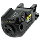 The Class 3R bright green laser is housed in an aircraft aluminum construction and its beam diameter is 1 1/10” at 16 yards