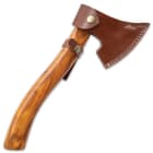 This powerful axe has a rough-hewn, carbon steel head firmly anchored in a sturdy wooden handle