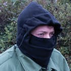 The balaclava facemask has a double-insulated, black polyester fleece construction in a three-in-one adjustable design