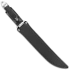 The Fighter Knife has a massive, full-tang 7 5/8” stainless steel double-edged blade and is 13 1/4” overall
