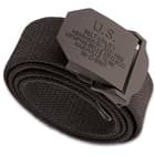 Black Army Training Belt - Tough Canvas Construction, Non-Reflective Metal Buckle, Leather Reinforced End - Length 46”