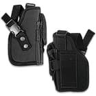 There is a detachable, right-handed cross-draw holster interchangeable with an included double rifle magazine pouch