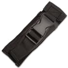 The knife can be stored in its black nylon pouch with buckle closure.