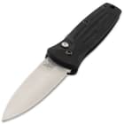 It has a 2 9/10”, 154CM steel spear point blade with a 58-61 HRC and a satin finish that can be deployed lightning fast