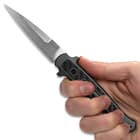 The 3 1/2” CPM 154 powdered metallurgy steel stiletto blade takes and holds an excellent edge and is corrosion-resistant