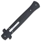 The handle scales are matte black G10, secured with steel screws and the handle is satin-finished stainless steel