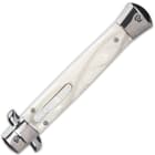 The 6” closed pocket knife has faux pearl handle scales, and the slide trigger is conveniently located on the top