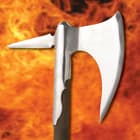 It has a 1085 hand-forged, steel head with a penetrating spike and socket and the axe face is 9 1/4”