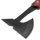 It has a black-coated, stainless steel axe head with a 3”, razor-sharp edge on one side and a penetrating point on the other side