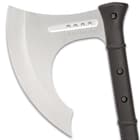 It has a 6” wide, 7Cr13 stainless steel bearded axe head with a hair-shaving sharp, 8 1/2” blade that has a satin finish