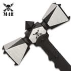 The hammer head features a skull crusher at its top and five penetrating points on each of its square-shaped heads