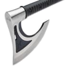 The 3Cr13 cast stainless steel axe head has a satin and black oxide coated finish and it has a bearded blade design