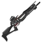 The 35 1/4”x 27 3/5” crossbow features three Picatinny rails for crossbow accessories and includes a red dot sight