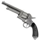 It has a metal construction with a grey finish, simulated checkered wooden grips and a working single action loading lever