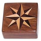 Compass Rose Box And Compass - Wooden Construction, Inlaid Design On Lid, Working Brass Compass, Great Gift Idea