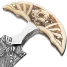 Skull Bone Push Dagger With Sheath - Damascus Steel Blade, Double-Edged, Bone Handle Scales With Intricate Etch - Length 7 1/2”