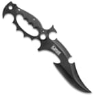 It has a razor-sharp 6” 3Cr13 stainless steel blade with a menacing fantasy curved design and sharp serrations on the spine